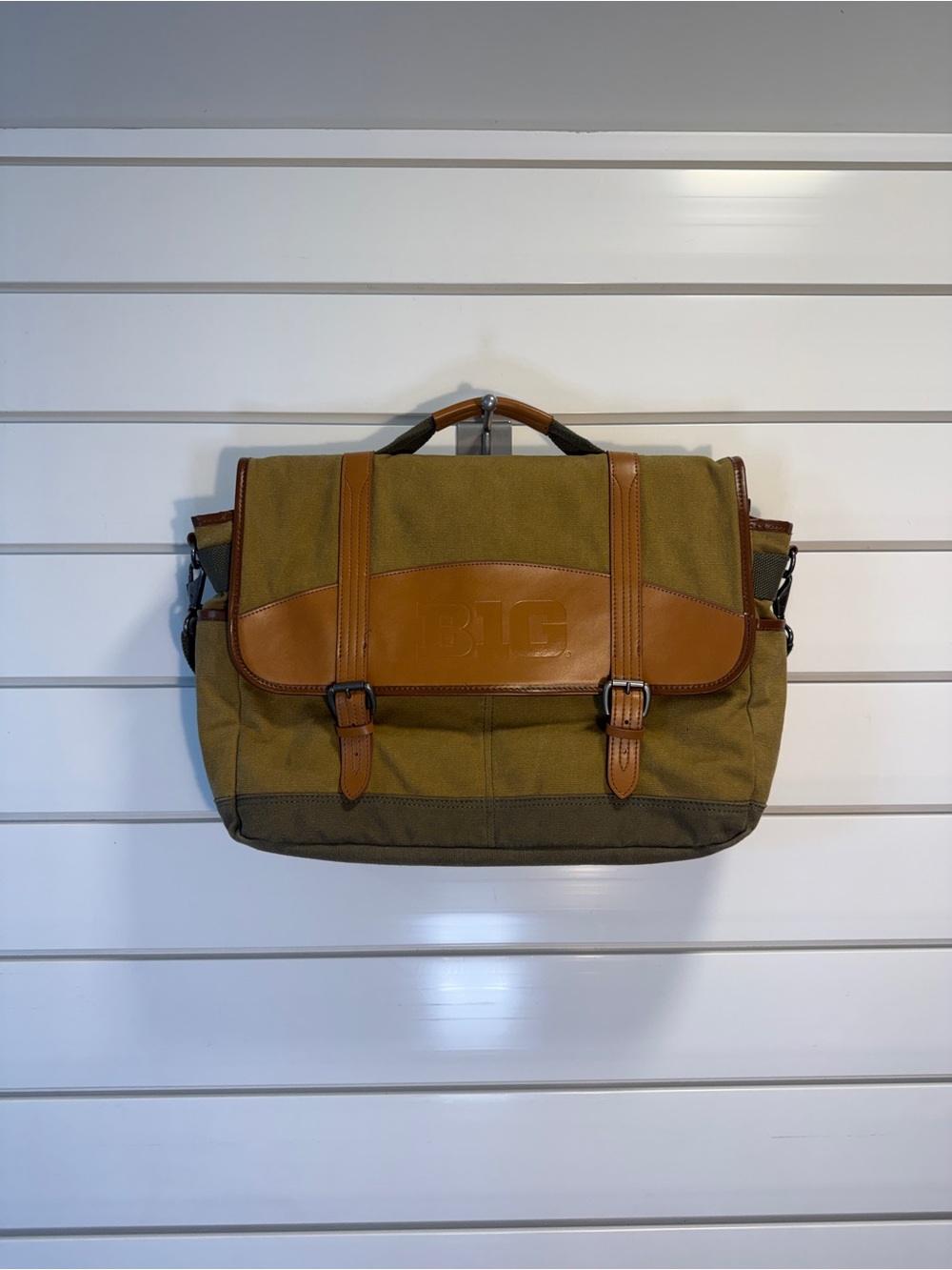 Olive Canvas Messenger Bag with Tan Leather Trim - B1G